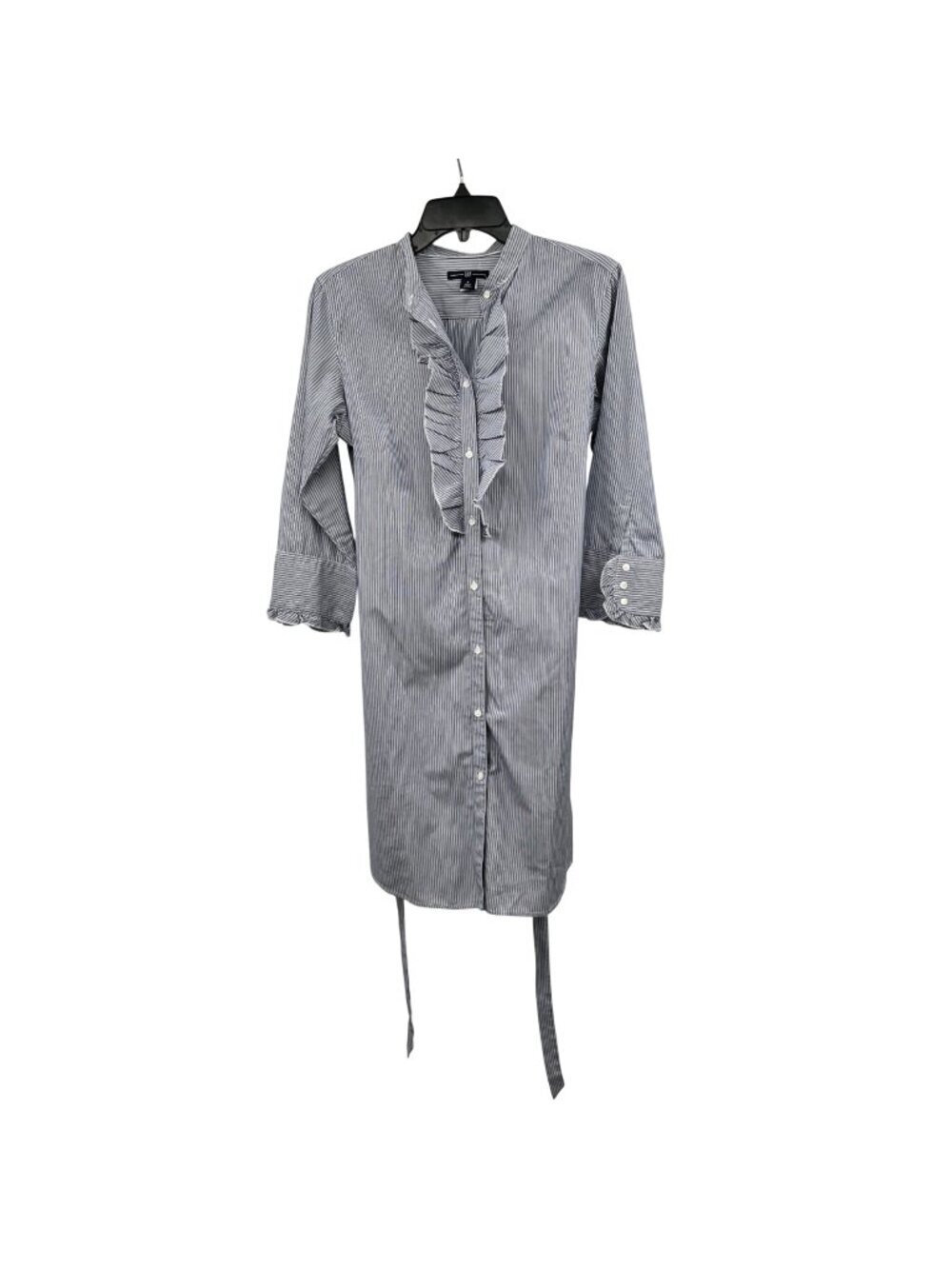 Gap Womens Shirt Dress 3/4 Sleeve Button Up Ruffle Blue/White Belted Size 8